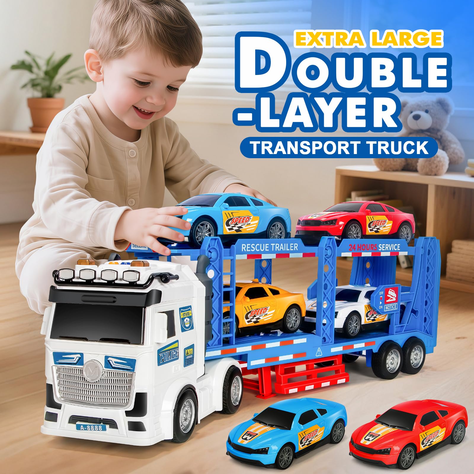 Vehículo de juguete para niños de 3, 4, 5, 6, 8 años, camión transportador ajustable de dos pisos con luz y sonido, transportador de automóvil con juguete de remolque, juguete de transporte 5
