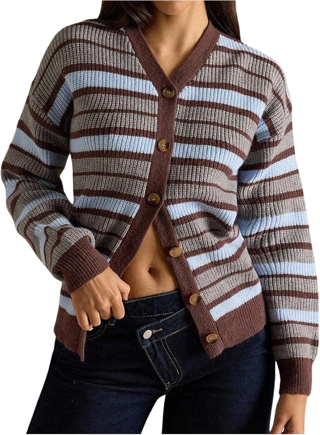 WDIRARA Women's Striped Cardigan Sweaters Long Sleeve V Neck Button Down Knit Outerwear