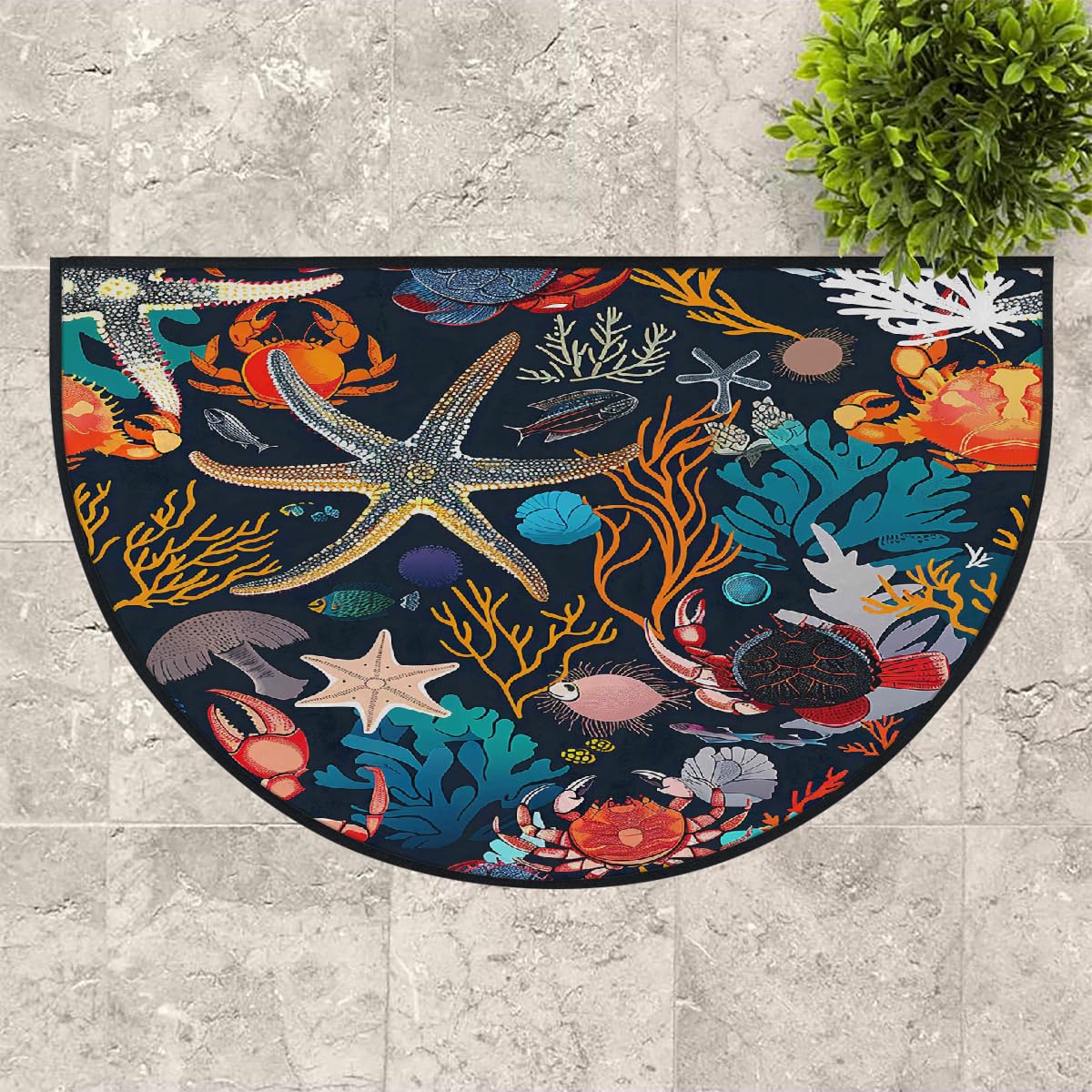 Mexpekil Paillasson demi-lune en forme d'étoile de mer, crabe corail, pour intérieur et extérieur, antidérapant, lavable, absorbant, anti-saleté, 100 x 160 cm