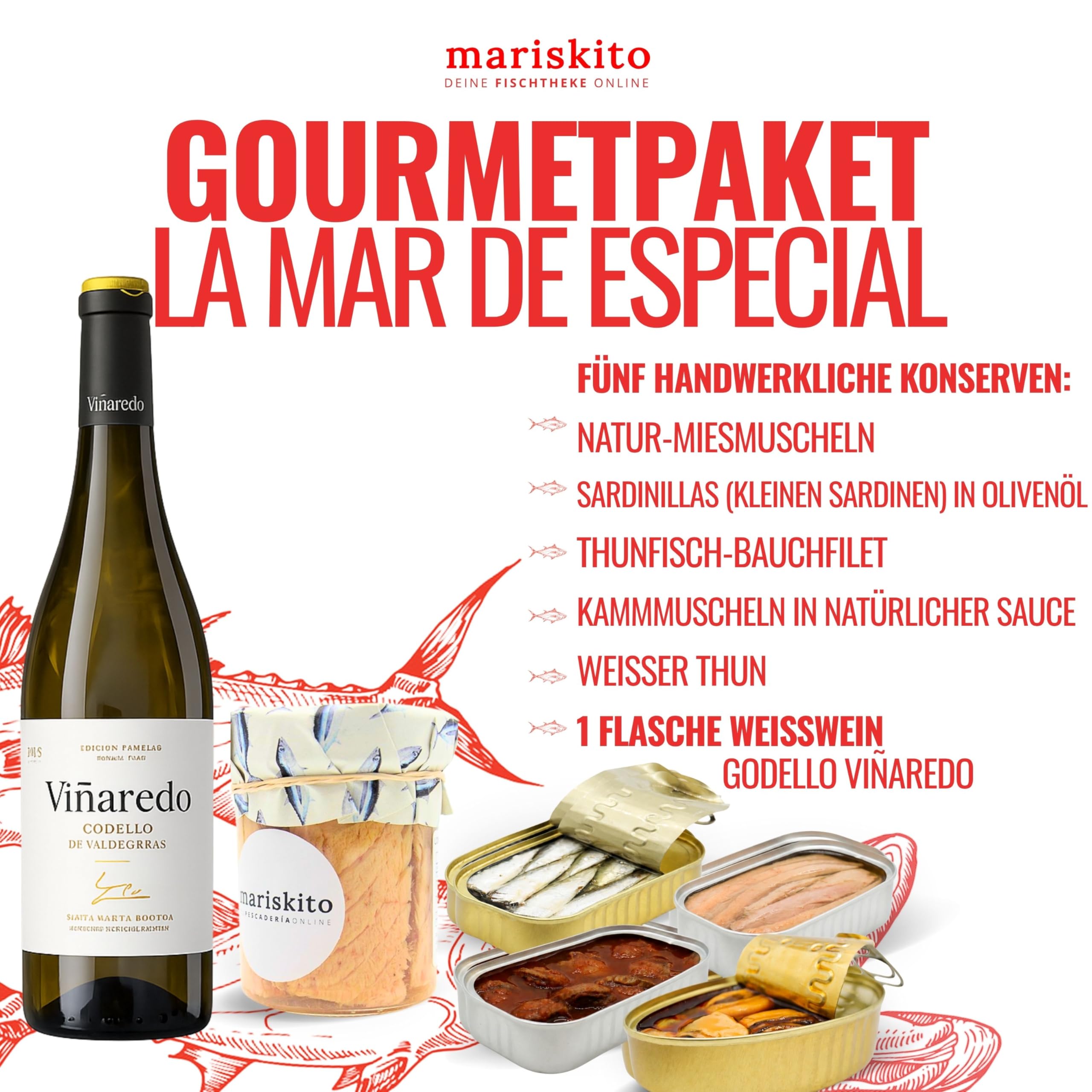 MARISKITO | Gourmet-Geschenkbox – Godello-Wein + 5 galicische Konserven – Delikatessen-Paket: Miesmuscheln, Sardinen, Bunte Kammuschel, Thon,Thunfisch-Bauchfilet – Weihnachtsset, Firmen, Feiergeschenk