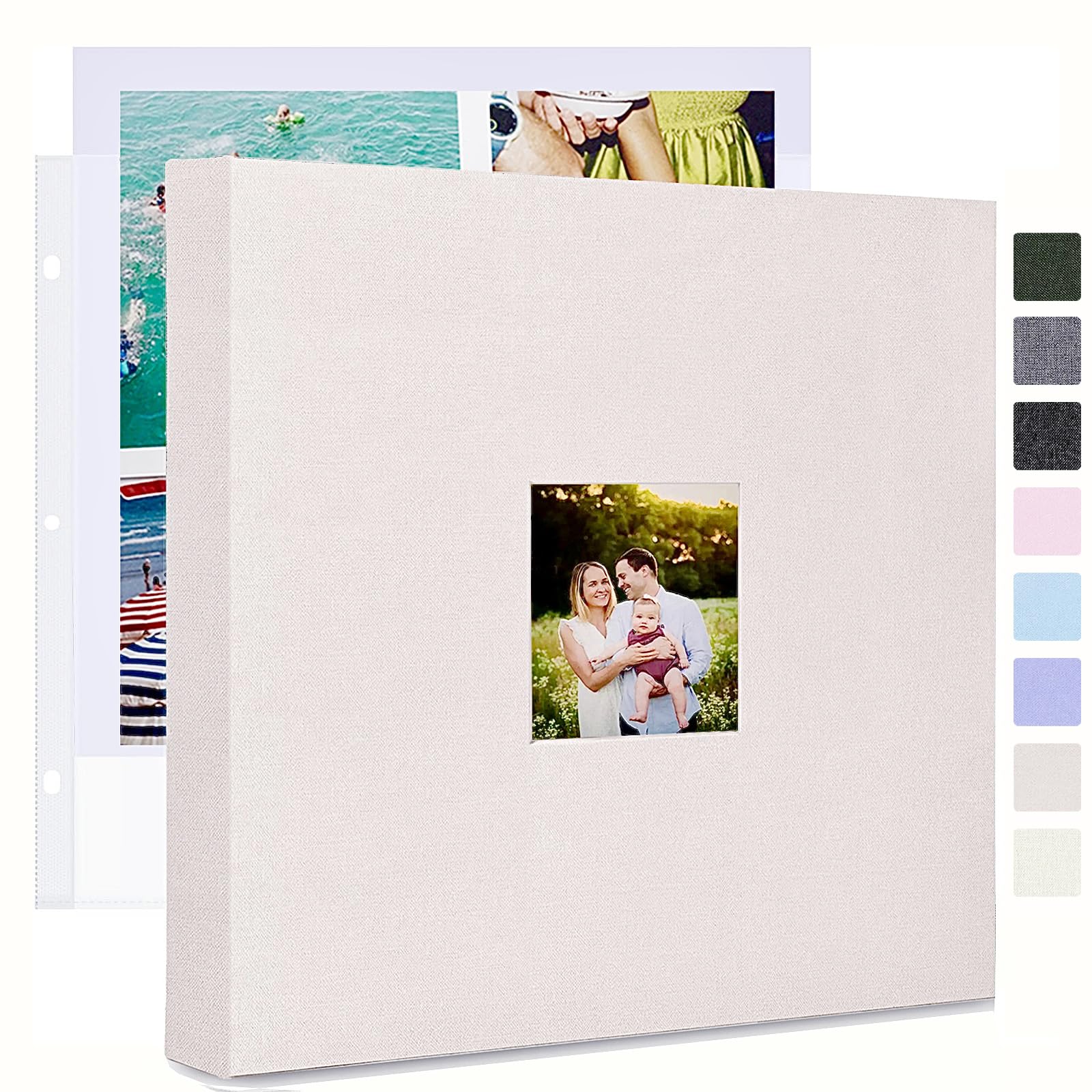 J.west Grand album photo de 30,5 x 30,5 cm à 3 anneaux, couverture en lin avec 35 pochettes en plastique, 70 pages, livre de souvenirs à faire soi-même pour voyage, mariage, anniversaire, famille