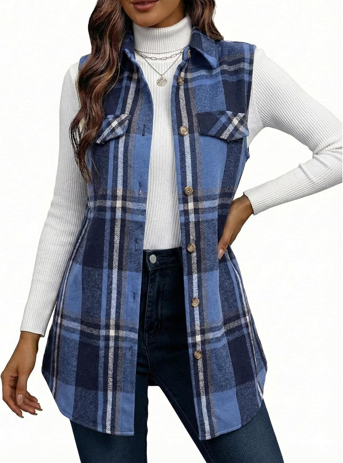 Mina Self 2025 Women's Flannel Plaid Vest Jackets- Fully-Lined Sleeveless Warm Long Casual Fashion Outerwear with Pockets - Image 2