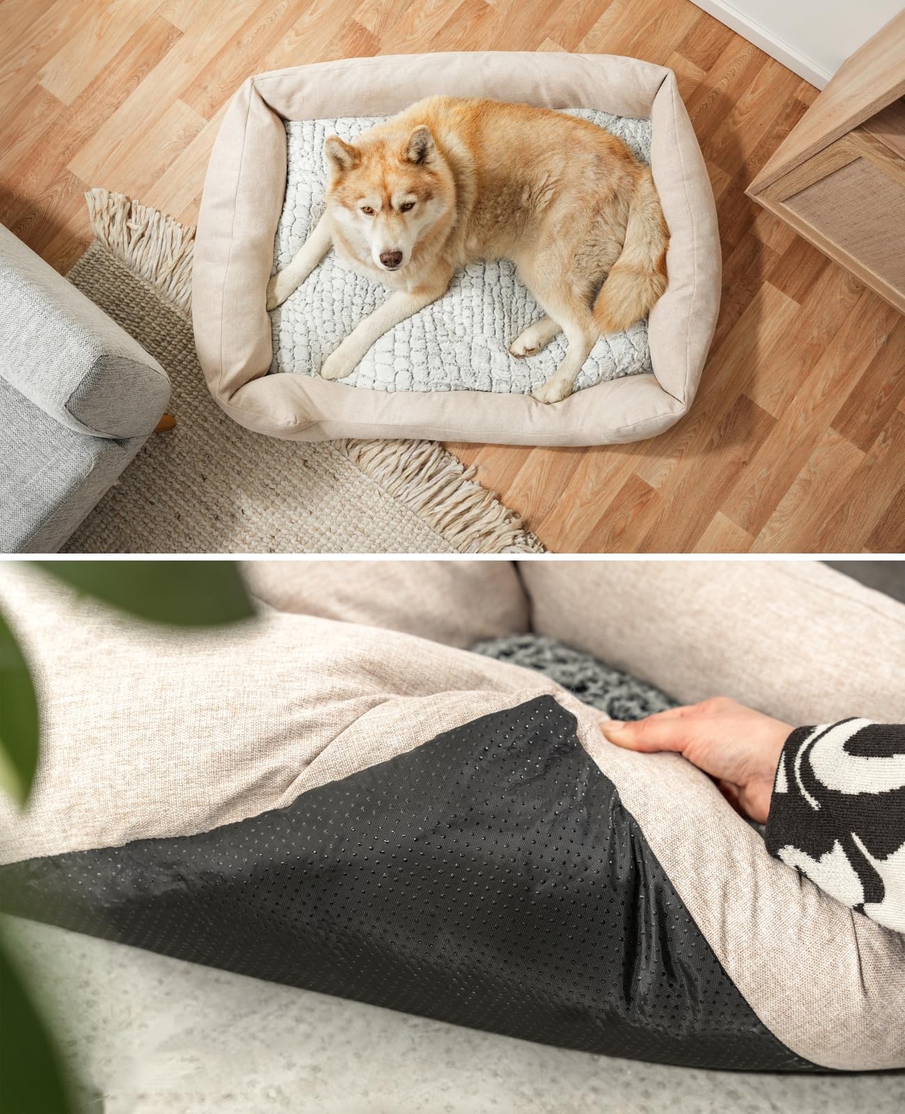 lionto Panier pour Chien avec Coussin réversible Moelleux, lit Douillet pour Animaux au Design chiné avec entrée Basse, pour Chiens & Chats de Toutes Tailles, 110x80 cm, Beige (avec nom imprimé)