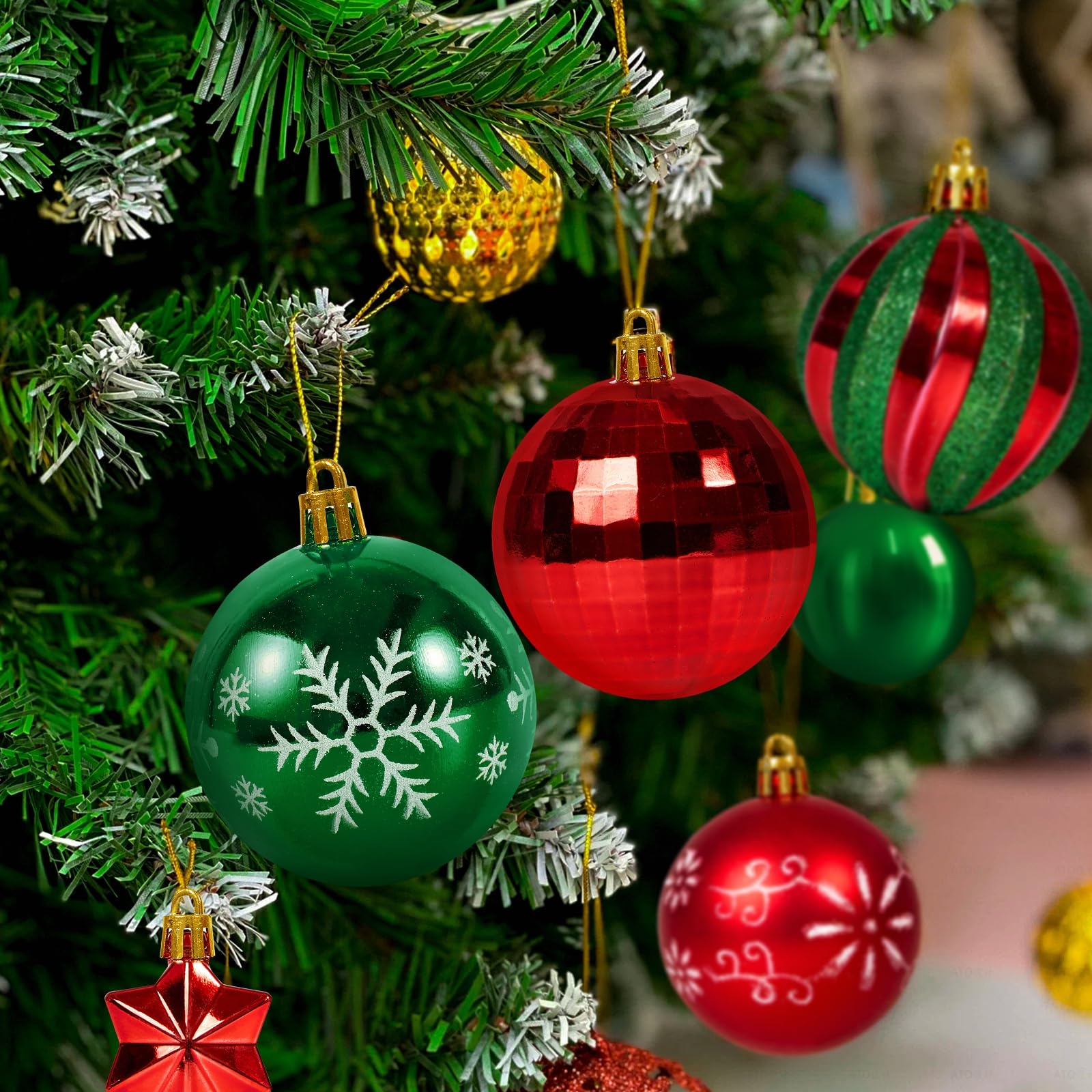 Fuyuleyo 44Pcs Christmas Baubles, Red and Green Christmas Tree Decorations Set - Image 3