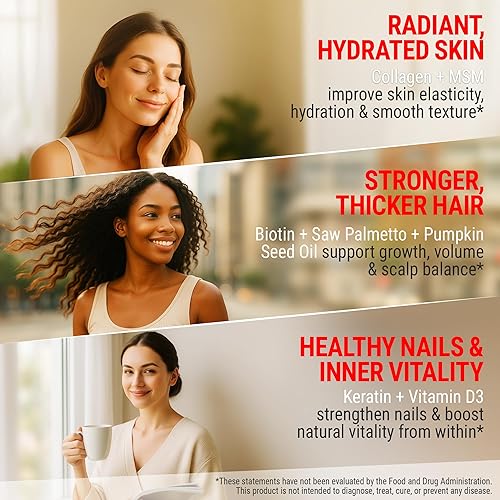 Miniatura 5 de New Elements 9X Vitaminas para la piel y las uñas  Biotina 10,000 mcg con suplemento de cola de caballo, colágeno, queratina, niacina, MSM, D3,