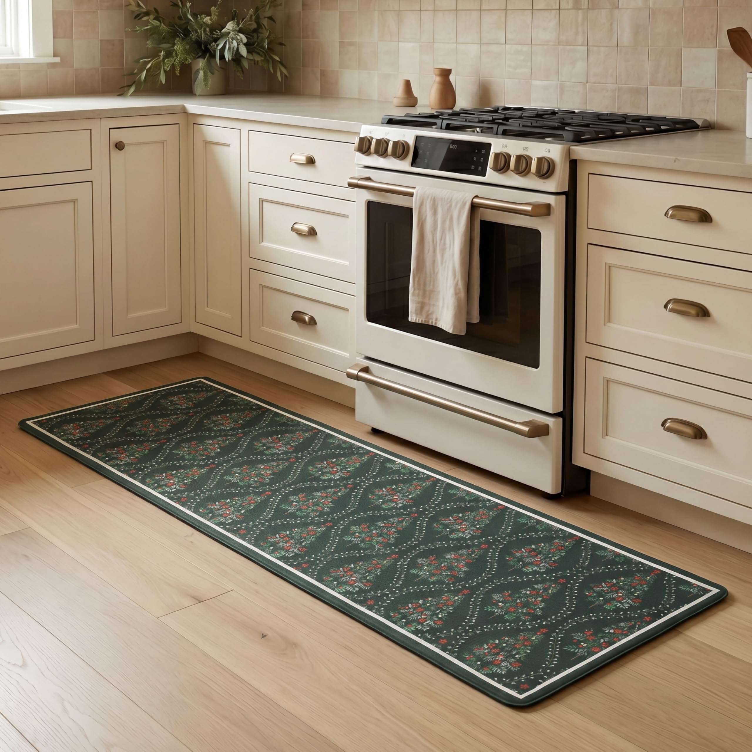Laura Ashley Frestwick Glade Anti Fatigue Kitchen Mat, Non Slip Cushioned Comfort Floor Mat, 17.5"x60", Green