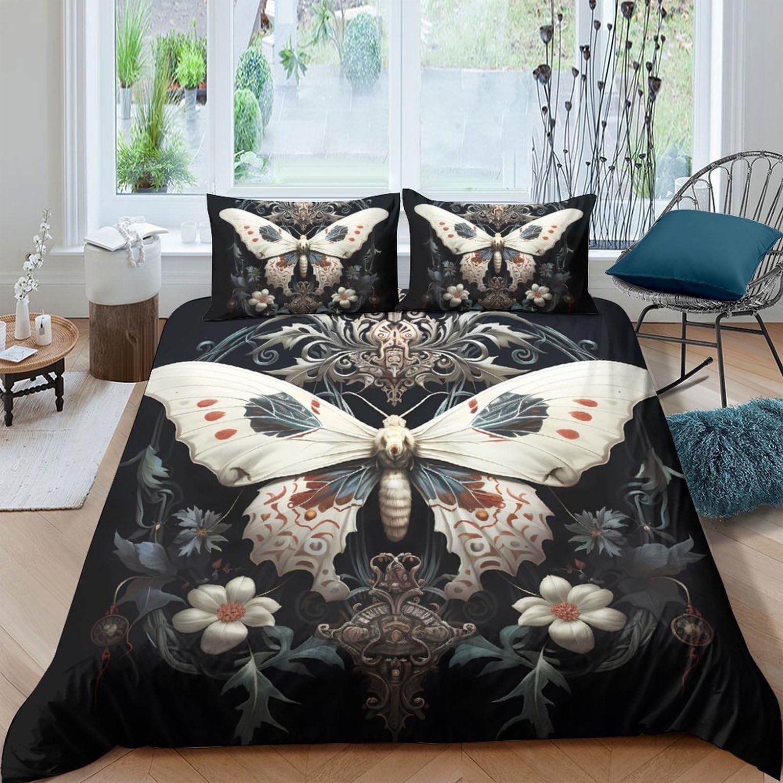Ctjqhvkz Style-1 3D Printed Butterfly Floral Fitted Sheet Microfiber Soft Black Gothic Moth Bed Cover For Bedroom Guest Room Decor Single（135X200cm）