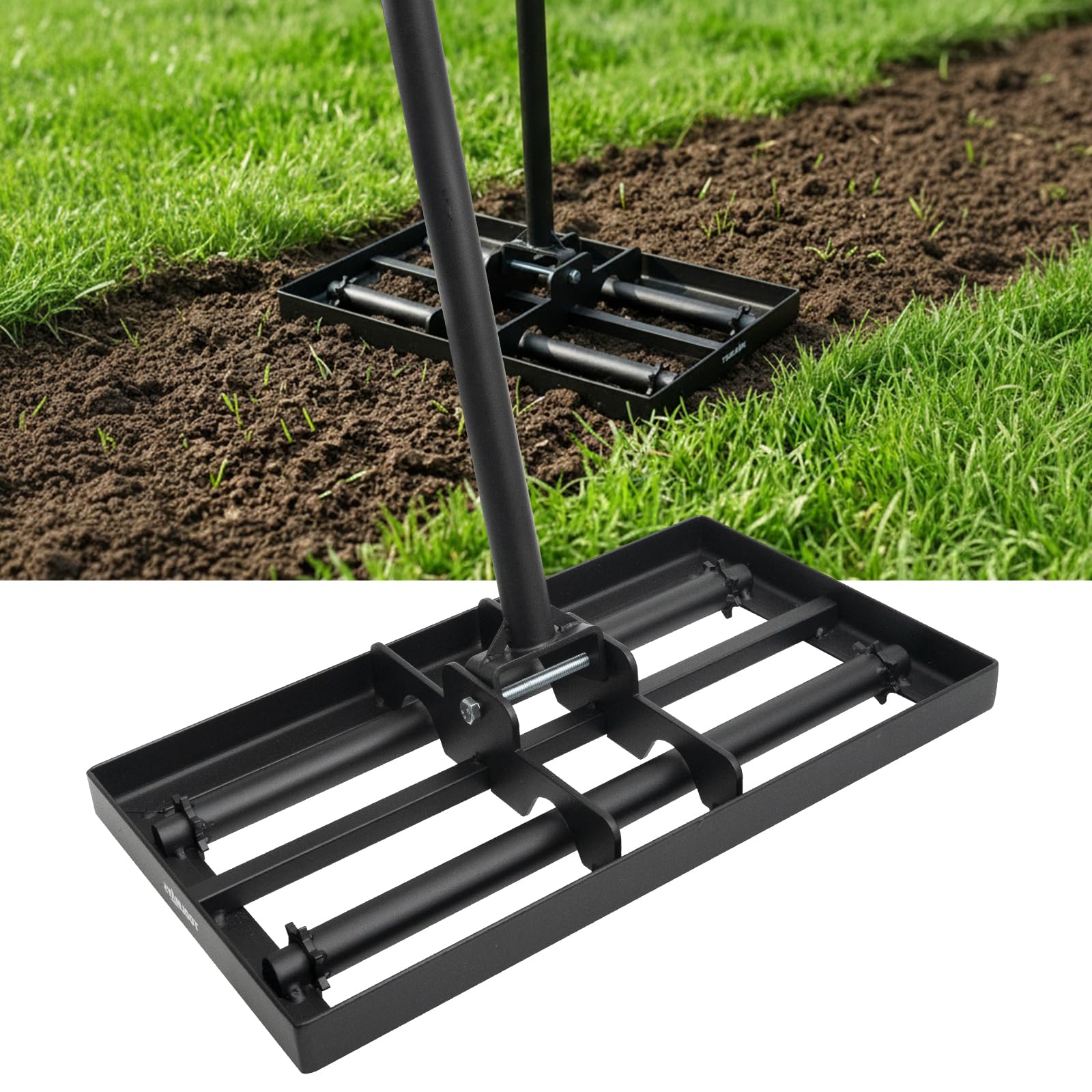 TOOLMAYS Lawn Leveling Rake, 43× 30cm A3 Steel Level Lawn Tool, 207cm Adjustment Long Handle, Heavy Duty Effort Saving Lawn Leveller Tool For Grass, Golf Field, Garden, Soil