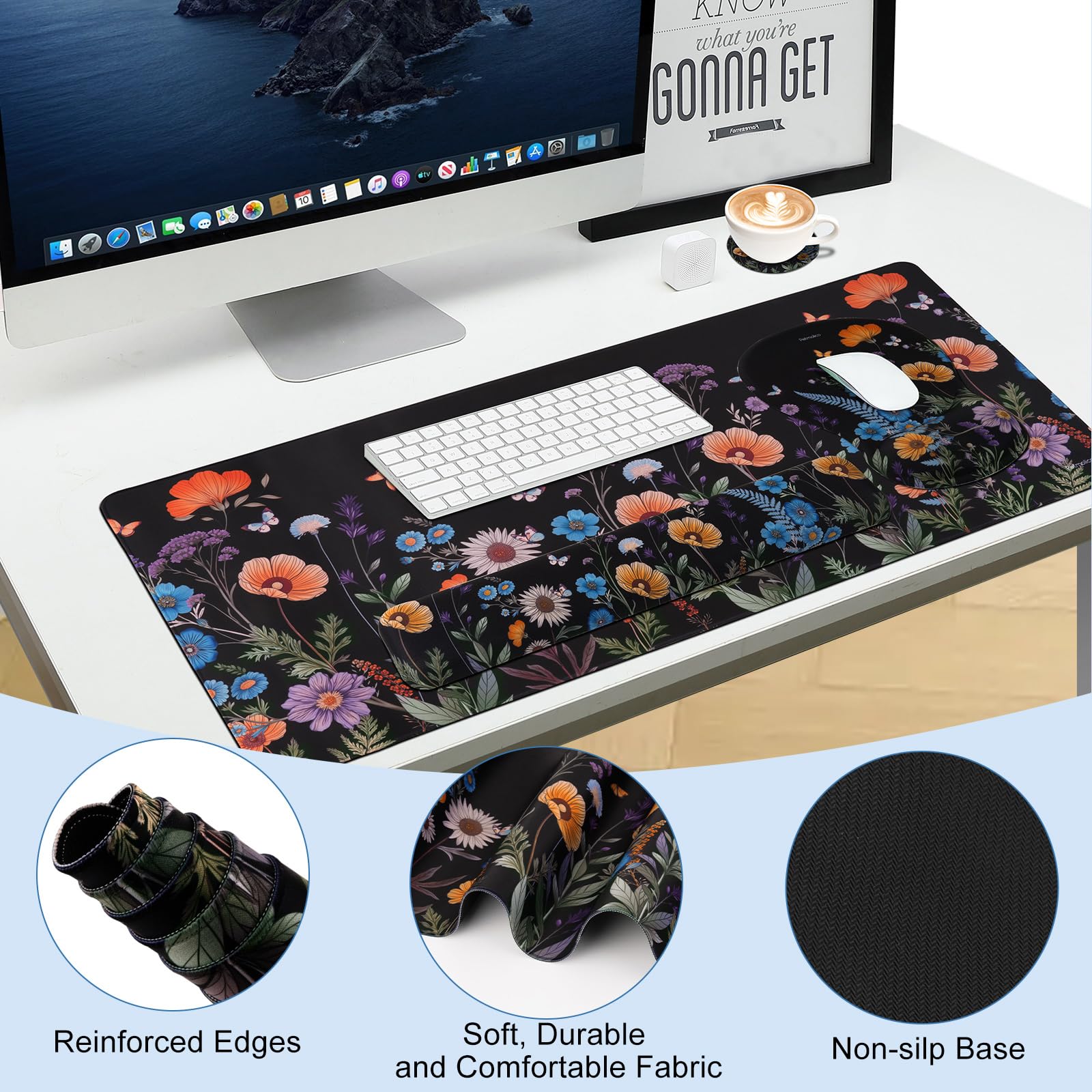 Petmolico Grand repose-poignet pour clavier 4 en 1 - Support de poignet pour ordinateur - Design ergonomique - Motif floral noir, orange et bleu