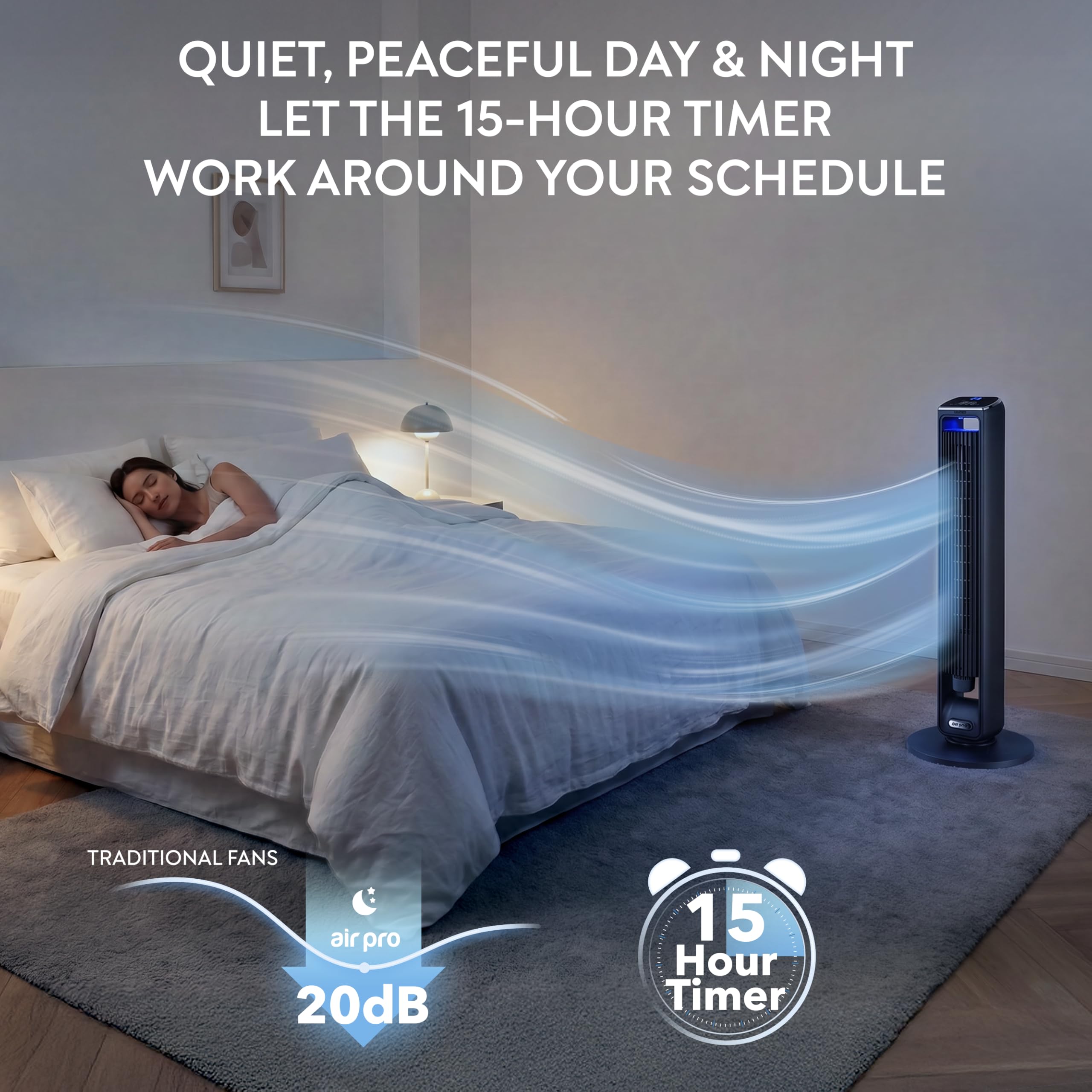 Air Pro 42" Tower Fan SmartVoice™ Control Oscillating Bladeless Fan with Remote - Tall Compact 3 Speeds Quiet 55W Motor Cooling Fan - Floor Standing Fan for Home Office - LED Display 15 Hour Timer