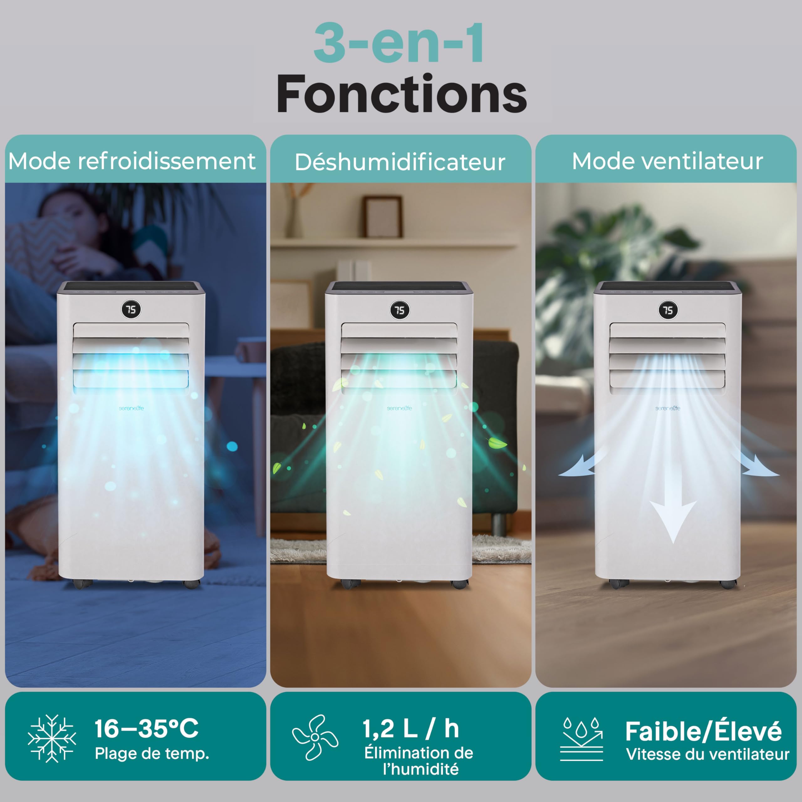 SereneLife Climatiseur Portable 9000 BTU WiFi, Climatiseur Mobile Compact avec Télécommande – Clim 3-en-1 Rafraichisseur d’Air Ventilateur, Kit Fenêtre pour Maison Bureau