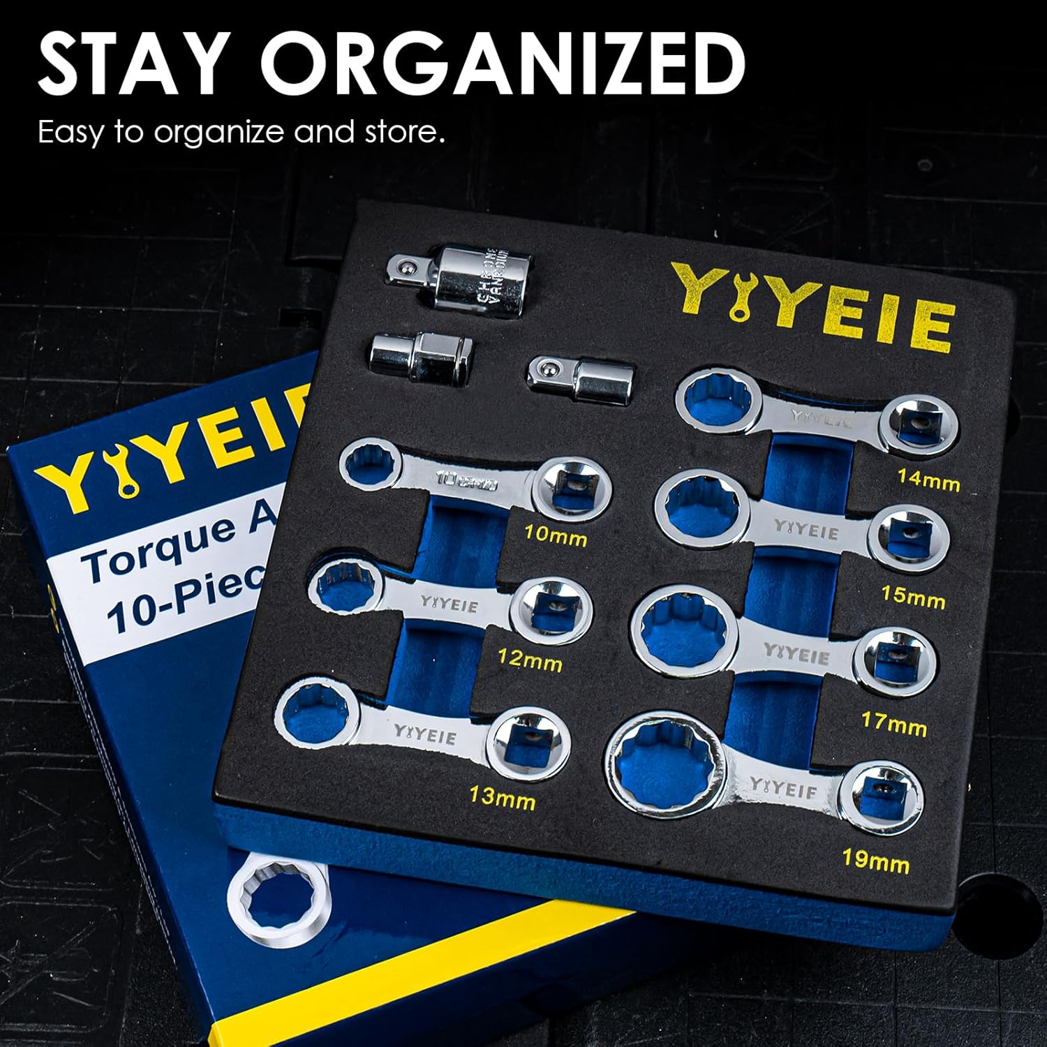 YIYEIE 10PCS Torque Adapter Set Metric, 10, 12, 13, 14, 15, 17, 19mm Torque Wrech Extension Adapter, 12 Point Box End Torque Wrench Adapter 3/8" Drive, with 1/2'' and 1/4'' Adapters, EVA Foam
