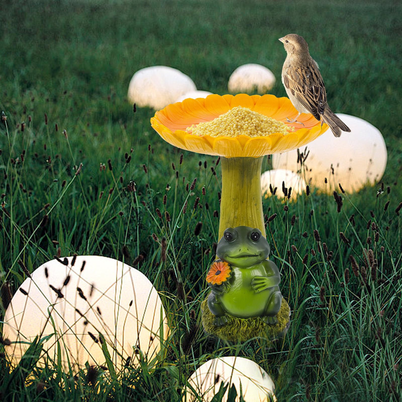 GLEAVI Baño para Pájaros de Resina Diseño de Girasol, Pequeño Comedero para Pájaros de Plataforma, Decoración Multifuncional para Jardín y Patio, Figura Decorativa Resistente