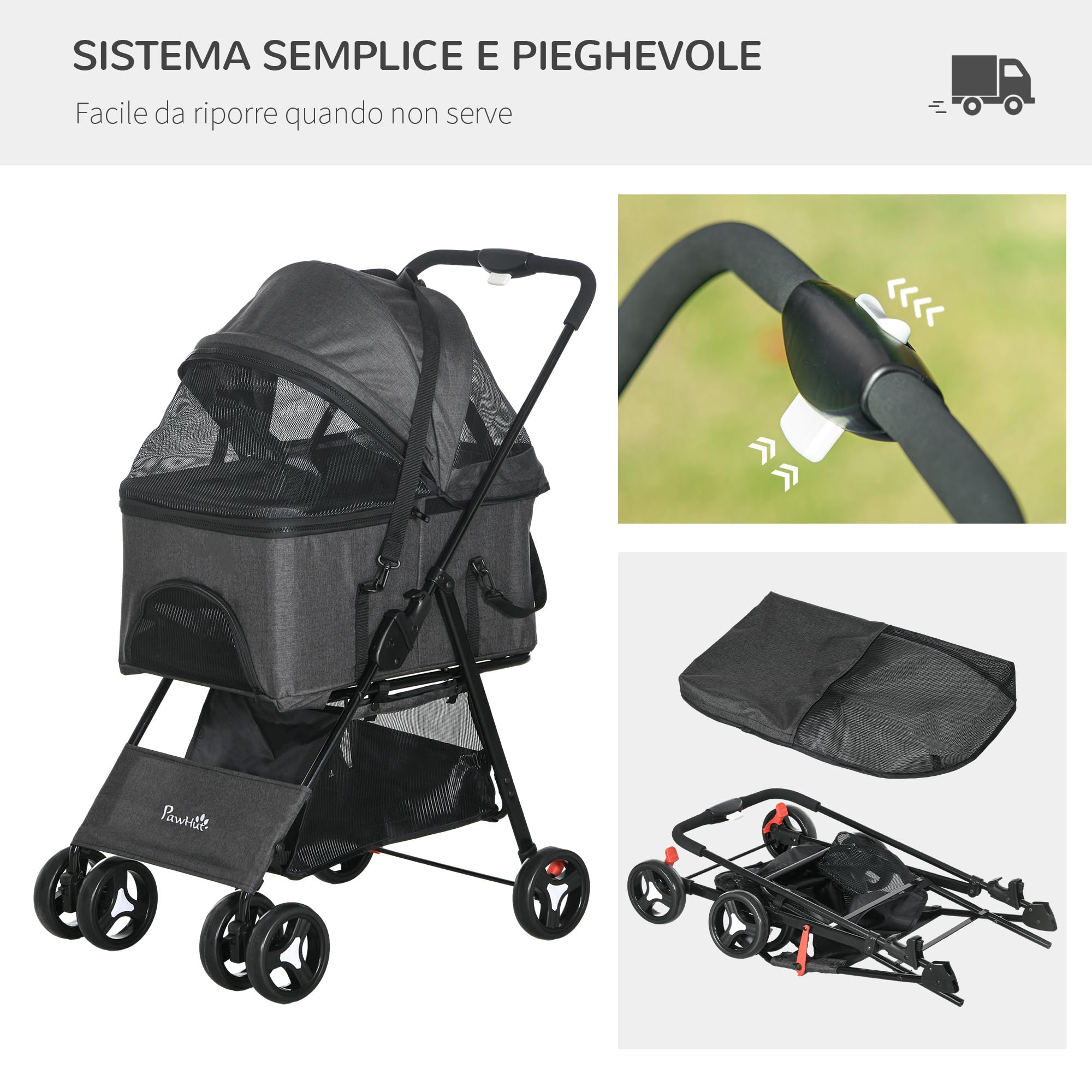 PawHut Passeggino per Cani 3 in 1, Cesta Rimovibile e Trasportino, Passeggino per Animali con Guinzaglio, Cuscino, Cestino e Tettuccio, Grigio