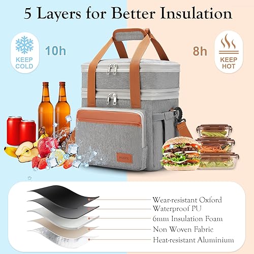 Miniatura 6 de Lonchera térmica para hombre lonchera grande expandible para picnic, trabajo, oficina, al aire libre, reutilizable, de doble cubierta, para adultos,