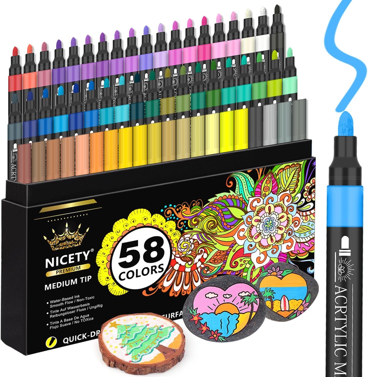 NICETY 58 Colors Acrylic Paint Pens Paint Markers, 3mm Medium Tip Point Acrylic Paint Pens for Rock Painting, Canvas, Wood, Ceramic, Glass, Stone, Fabric, Crafts & Art Supplies