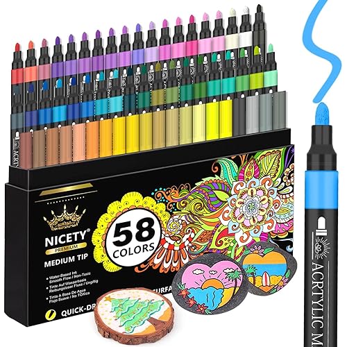 58 Colors Acrylic Paint Pens Paint Markers, 3mm Medium Tip Point Acrylic Paint Pens for Rock Painting, Canvas, Wood, Ceramic, Glass, Stone, Fabric, Crafts & Art Supplies
