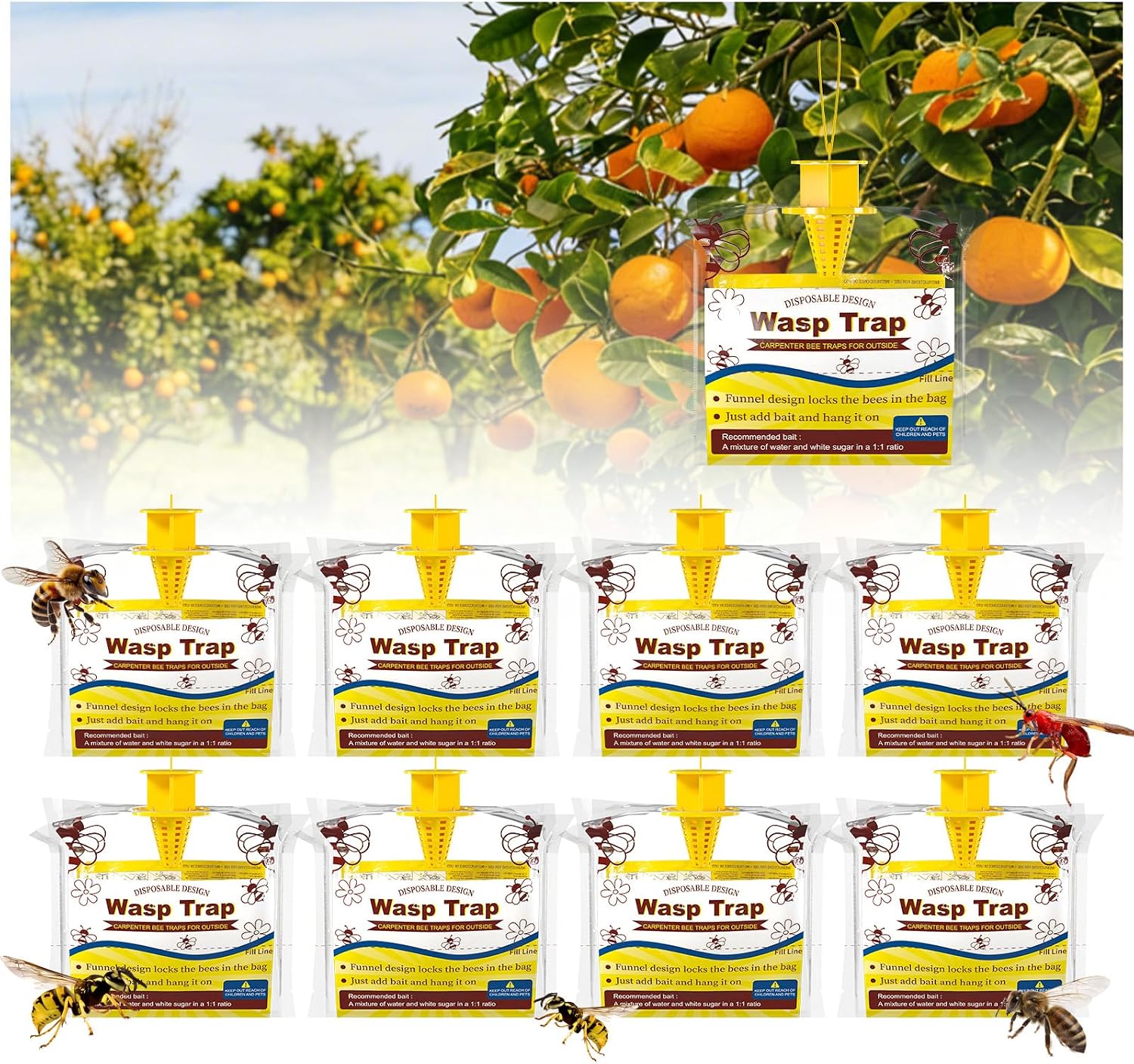 Wasp Traps Outdoor Hanging, Disposable Yellow Jacket Trap, 8 Pack Carpenter Bee Killer Outside, Bug Catcher Bags, Pest Insect Control Farm, Patio, Garden, Ranch No Bait