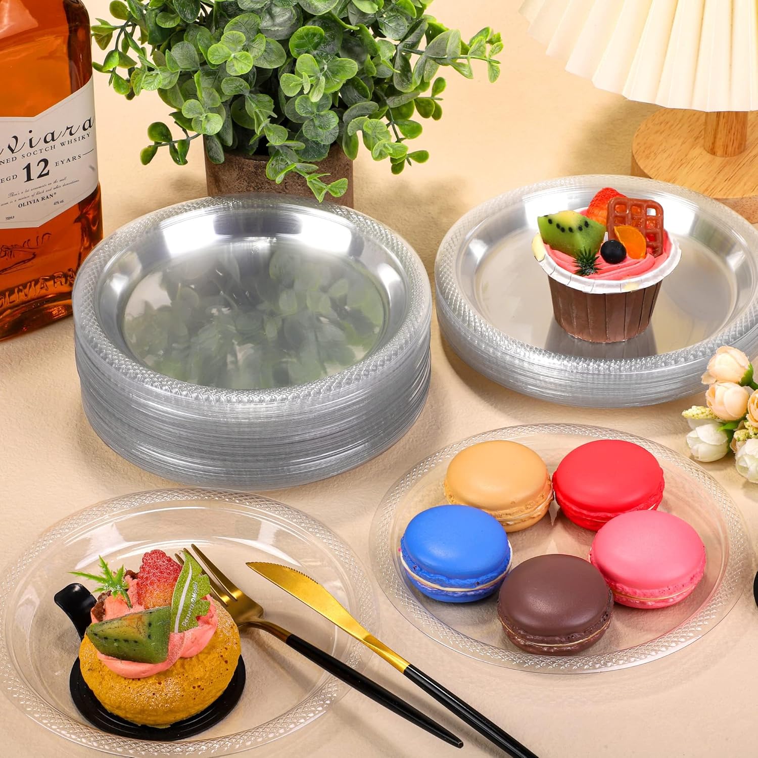 300 Pack Clear Disposable Plastic Plates with Sticker 7 Inch Heavy Duty Round Plates Food Grade Solid Color Dinner Party Plates for Party Supplies, Dinner, Picnic