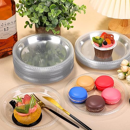 Miniatura 5 de Paquete de 300 platos de plástico desechables transparentes con adhesivo de 7 pulgadas, platos redondos resistentes de grado alimenticio de color