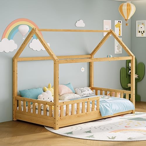 Jocisland Twin Size House Bed for Kids, Montessori 100% Wooden Floor Bed Frame with Guardrails, Removable Rails, Playhouse Roof, Easy Assembly, Toddler Floor Bed for Boys & Girls, Natural Wood
