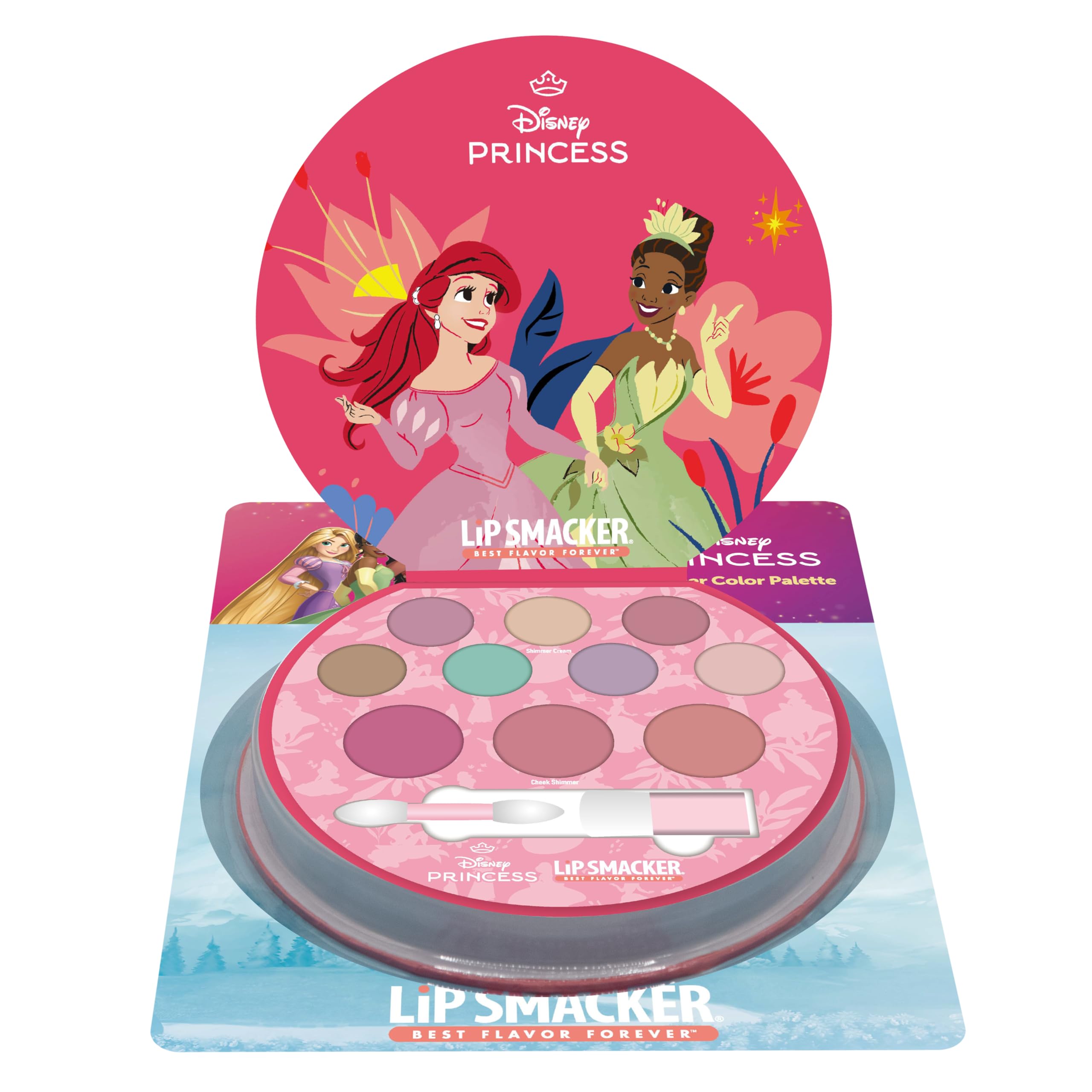 Lip Smacker Princess Shimmer Color Palette, Set de 12 Piezas de Maquillaje Infantil Princesas Disney con Cremas Brillantes, Colorete y Brochas, Maquillaje Infantil Divertido, Regalo Princesas Disney