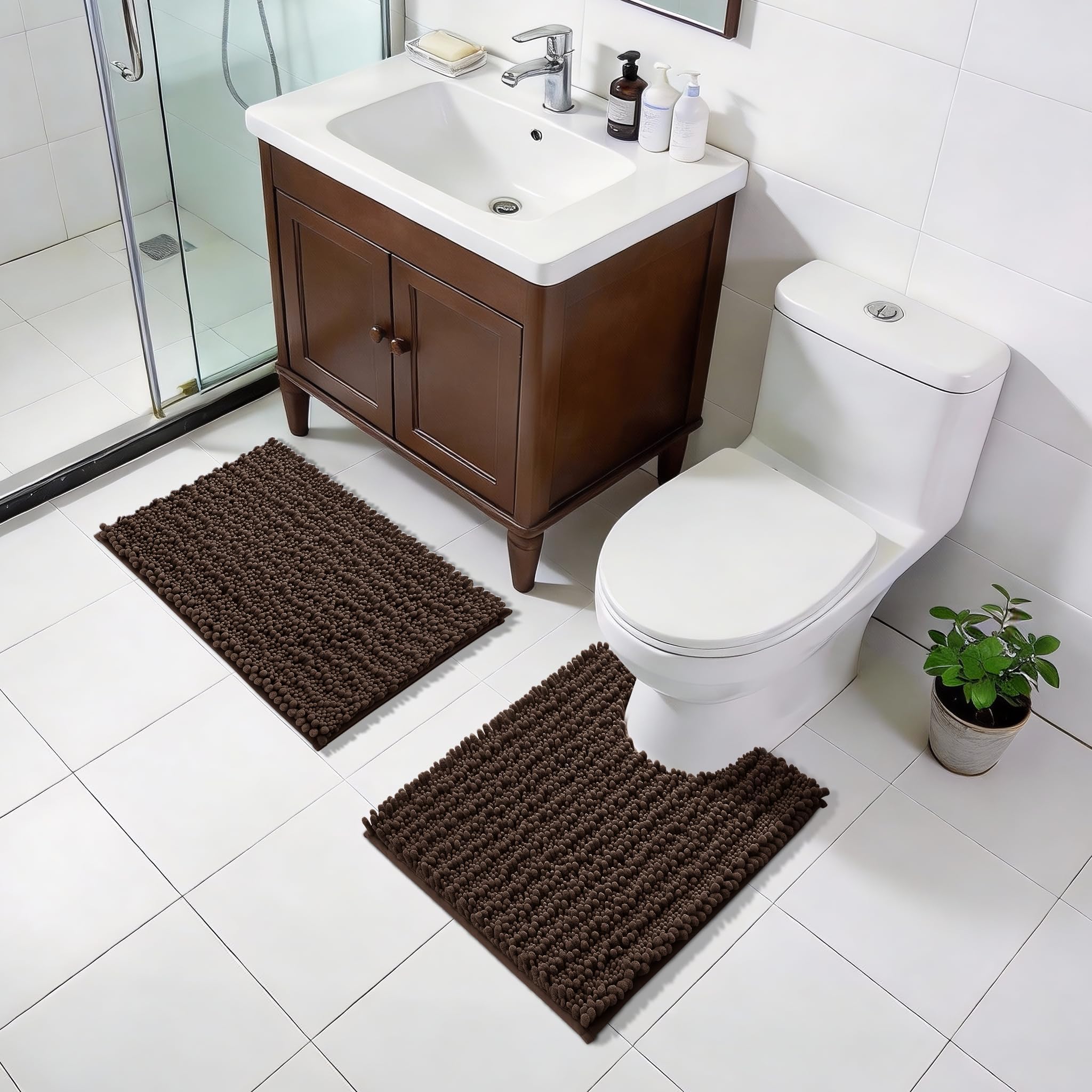 Chenille Bath Mat - Soft & Absorbent Brown -2