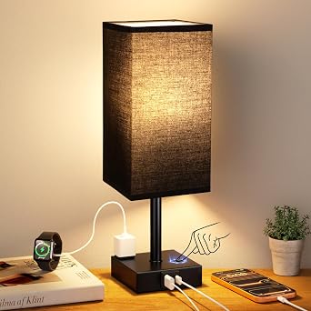 3000K Black Table Lamp for Bedroom - Dimmable Touch, USB C+A, AC Outlet