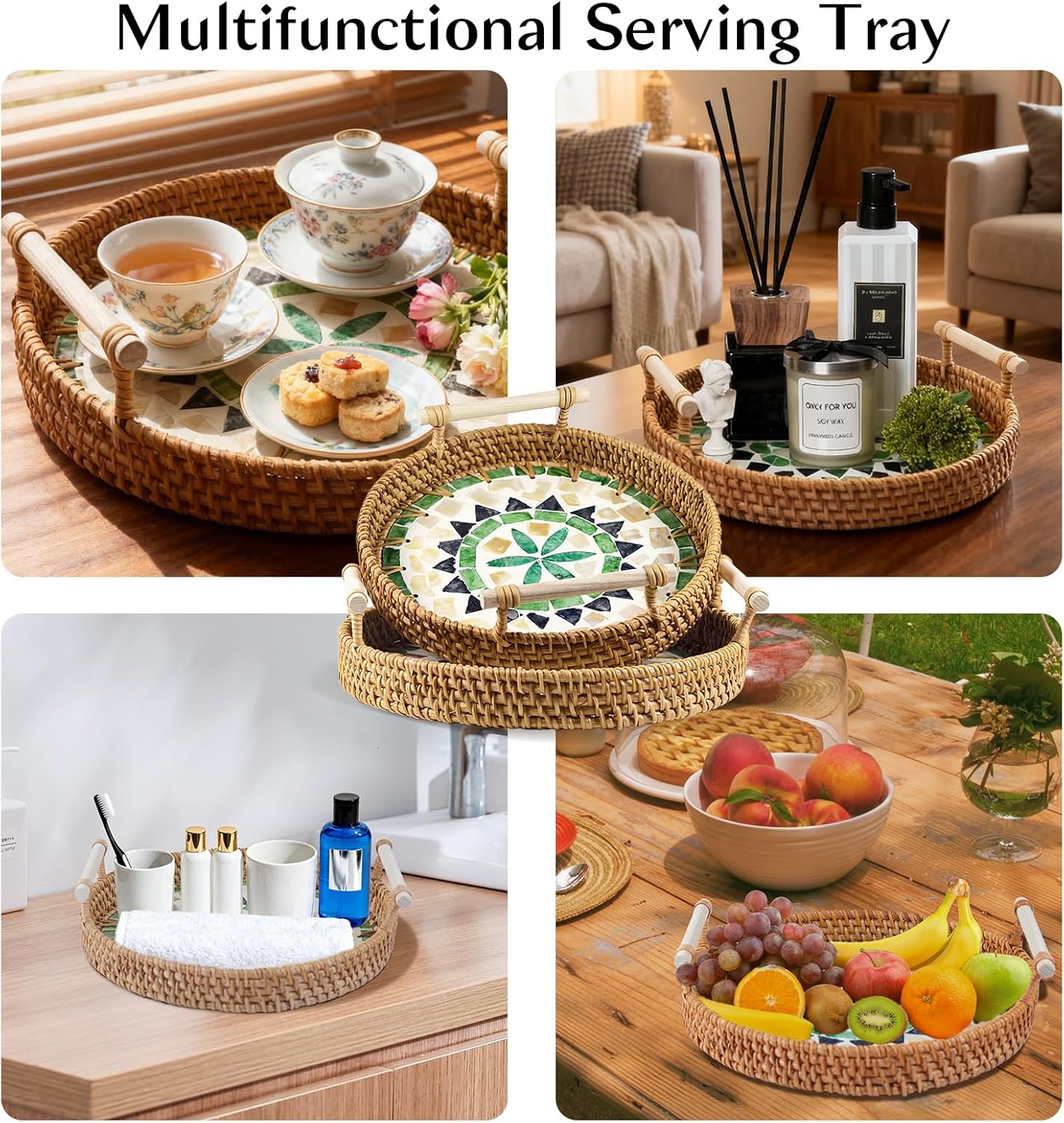 2 Pcs Rattan Serving Tray with Handle Round Wicker Woven Organizing Basket Coffee Table Tray for Home Kitchen Bathroom Living Decorative(Shell Bohemia)