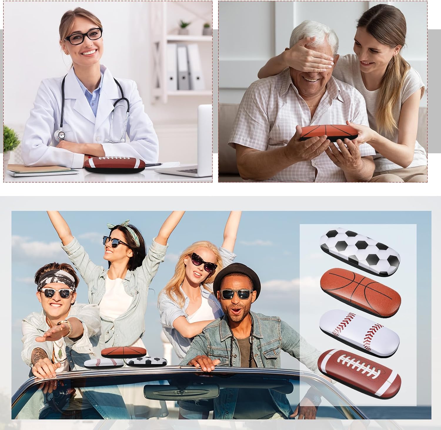 4 Pcs Hard Shell Eyeglass Case with Microfiber Cloth Ball Themed Kids Glasses Case Durable Small Sunglasses Holder Sports Eyewear Storage Box Protective Cover for Boys Girls Men Women