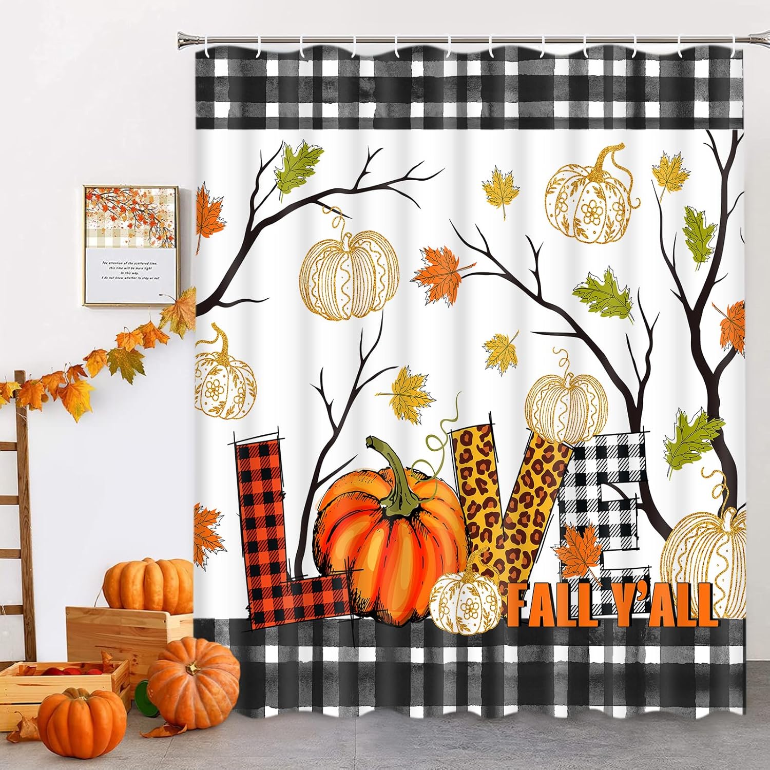 Claswcalor Thanksgiving Shower Curtain Fall Pumpkin Shower Curtain Autumn Plaid