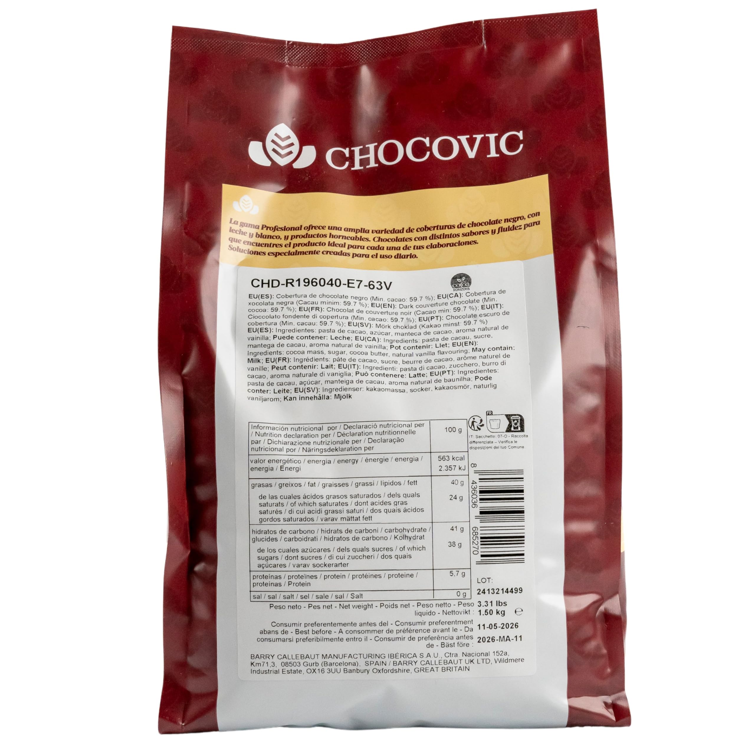 Dunkle Schokolade 59,7% Kakao Kuvertüre 1,5 kg Schokoladen-Drops zum Backen & Schmelzen