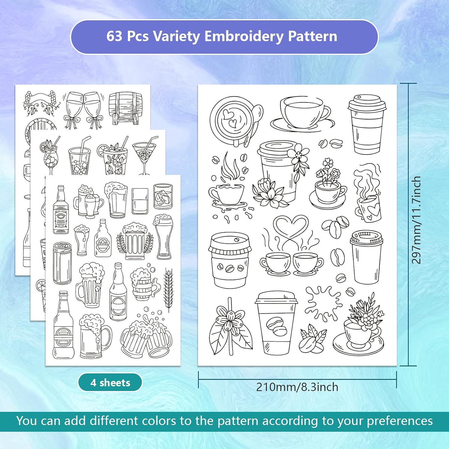 GLOBLELAND 4 Sheets Coffee Cup and Flower Water Soluble Stabilizer Hand Sewing Stabilizers with Pre Printed Stick and Stitch Self Adhesive Wash Away Stabilizer for Bags Cloth Embroidery