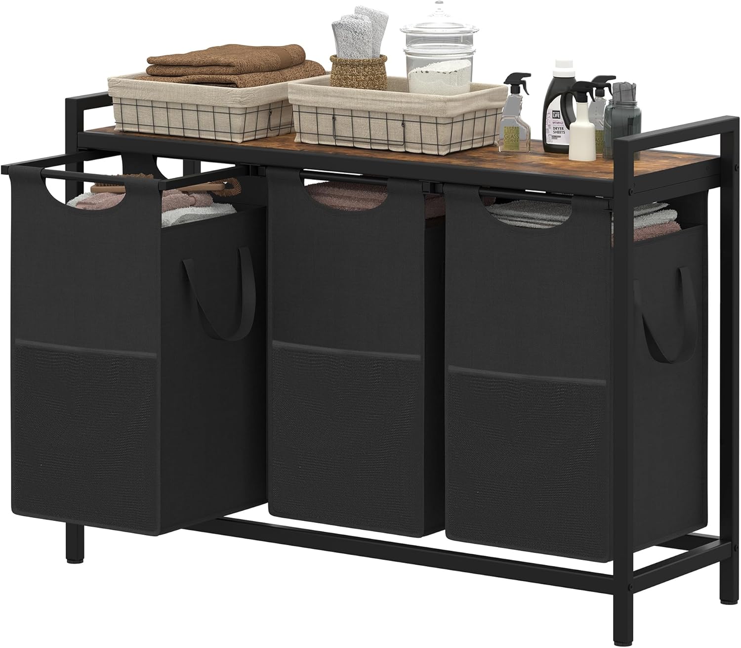Heybly Laundry Hampers, 3 × 12.5 Gal Laundry Basket with Large Desktop Sorter for Laundry Room Organization, Bathroom and Dorm Laundry Bags on Storage Shelf, Rustic Brown HLH003SR Rustic Brown 39.8"L x13.4"W x 28.3"H