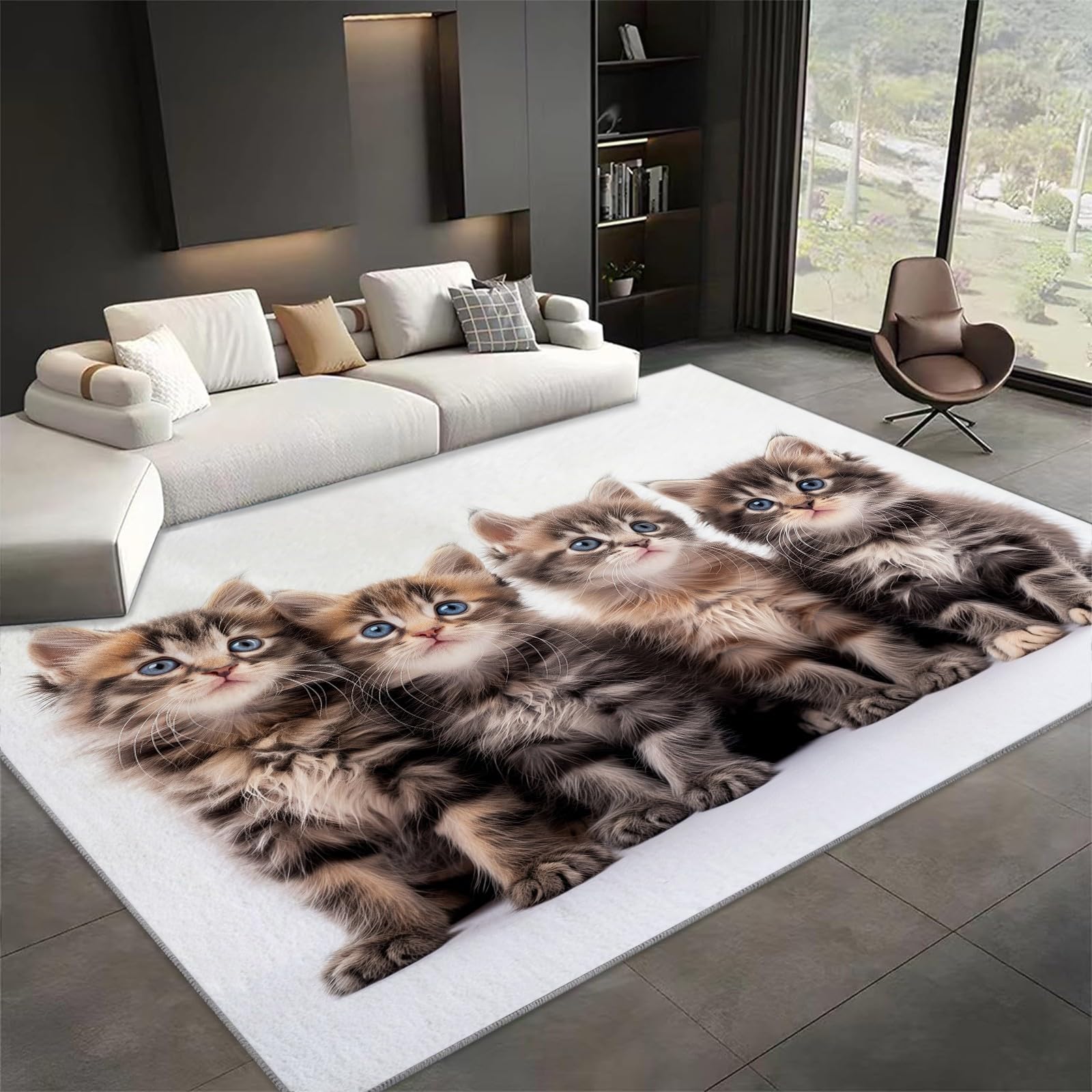 Generisch Waschbarer Teppich Tier Graubraune Katze 80x150cm Wohnzimmer Schlafzimmer Teppich, Flauschig Weich Kurzflor Teppich, Moderne 3D Druck Teppich, Anti-Rutsch Teppich Matte