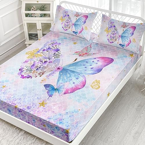 Miniatura 3 de Datura home Juego de sábanas bajeras y sábanas encimeras, juego de ropa de cama de 4 piezas con estampado de escamas de mariposa con 1 sábana