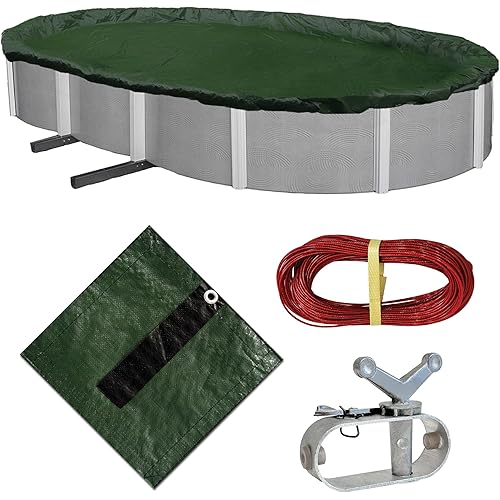 Blue Wave Silver 12-Year 12 ft x 24 ft Oval Above Ground Pool Cover for Winter– Durable & Weather-Resistant Polyethylene, 4 ft Overlap, Black Underside, Reinforced Grommets, Winch, Cable, Forest Green