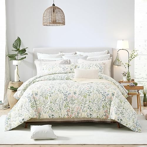 Miniatura 6 de Juego de edredón floral verde, tamaño King, edredón 100% algodón, 3 piezas, suave, ligero, reversible, retro, floral, para todas las estaciones