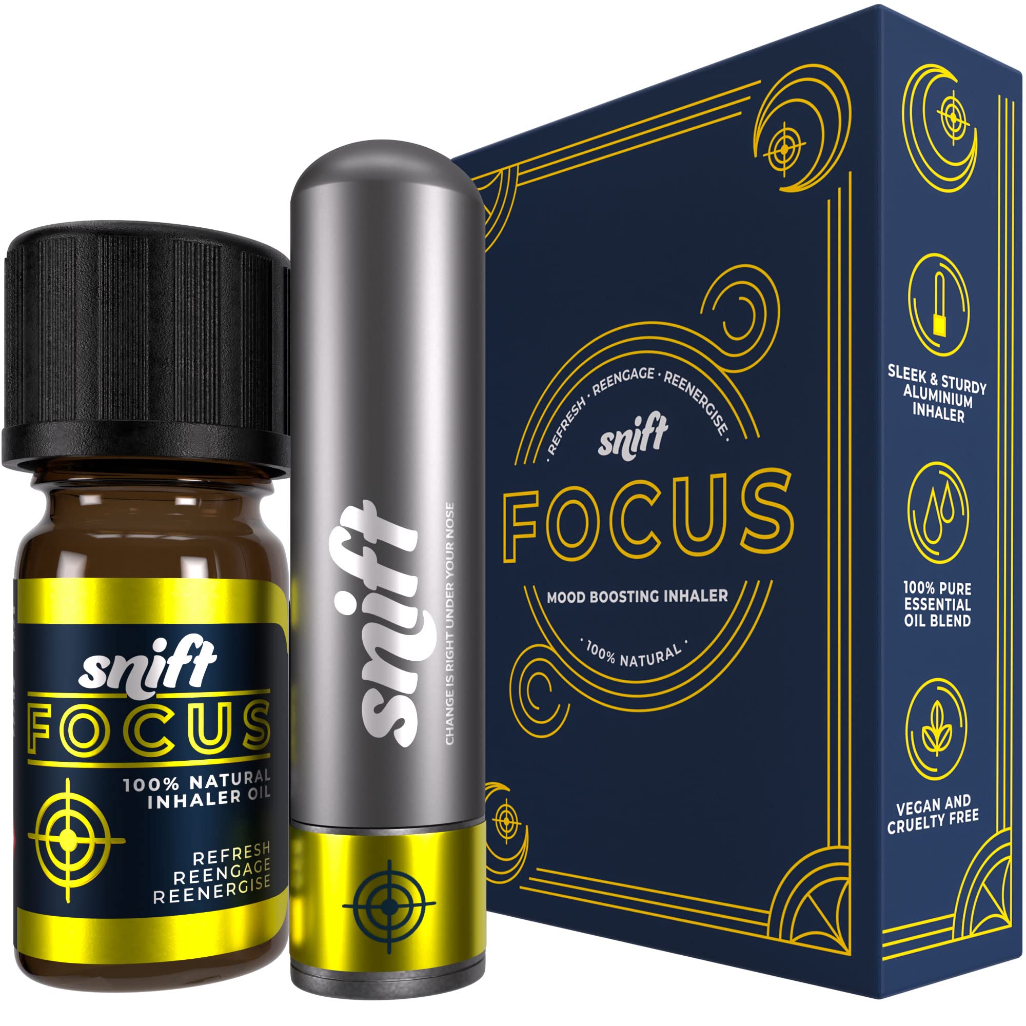 Snift Focus Nasal Inhaler | Aluminium, Refillable | Lasts 1 Year+, Pure Essential Oils (5ml) | Peppermint, Rosemary, Lemon, Frankincense, Cedarwood