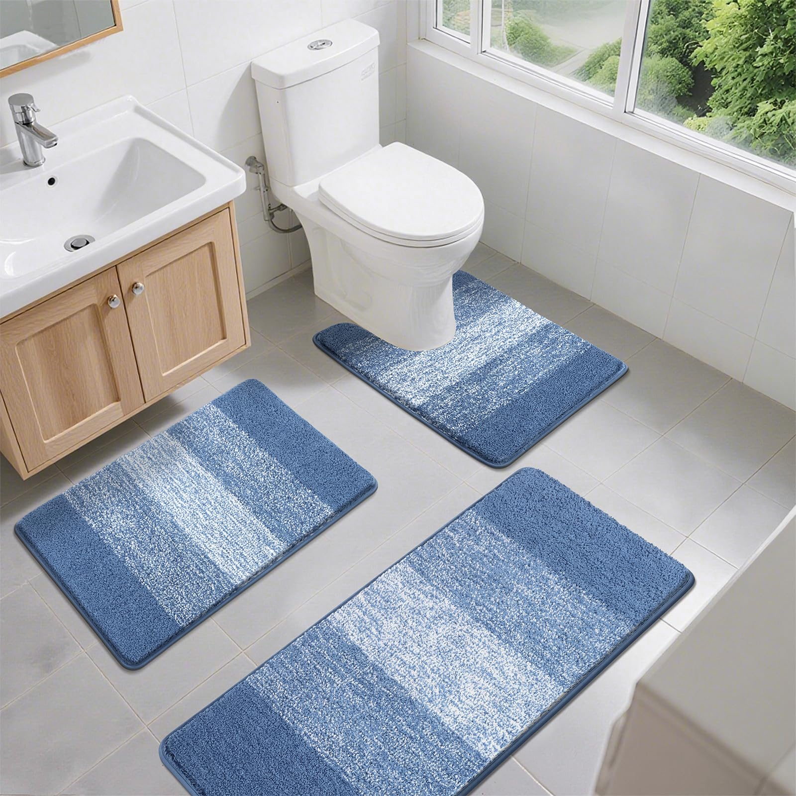 Enyhom Juego de 3 Alfombra de Baño de Microfibra, Alfombrilla Baño Super Absorbente, Ultra Suave Alfombra Baño Lavable a Máquina, Alfombrilla Ducha Antideslizante y Tapete Casa de Banho Forma de U