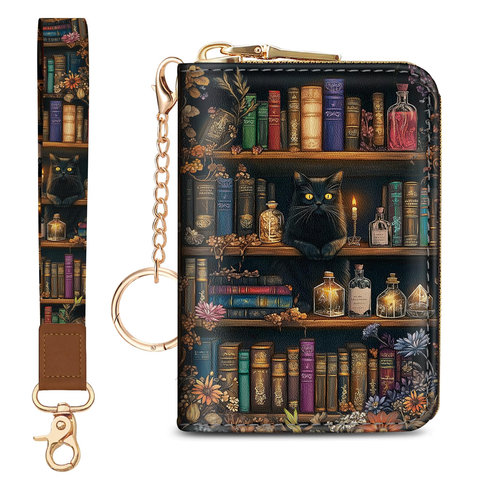 Blusabaca Credit Card Holder for Women, Bookshelf and Cat Goth Small RFID Blocking Wallet with Wristlet Strap, Gothic Zipper Keychain Leather Card
