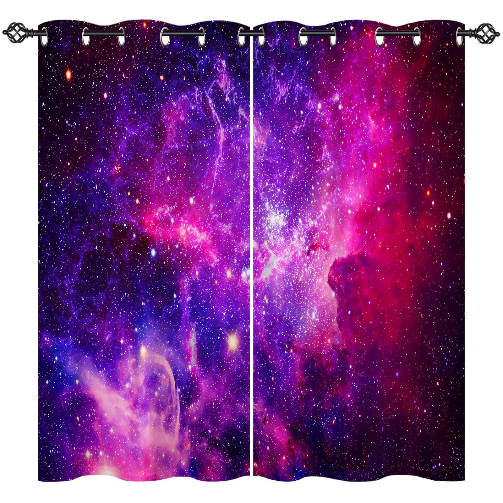 ANHOPE Galaxy Curtains Eyelet Soft Thermal Insulated Blackout Curtains Purple Pink Space Nebula Stars Print Pattern Ring Top Drapes for Kids Bedroom Living Room 52 x 63 Inch Drop 2 Panels — image 1