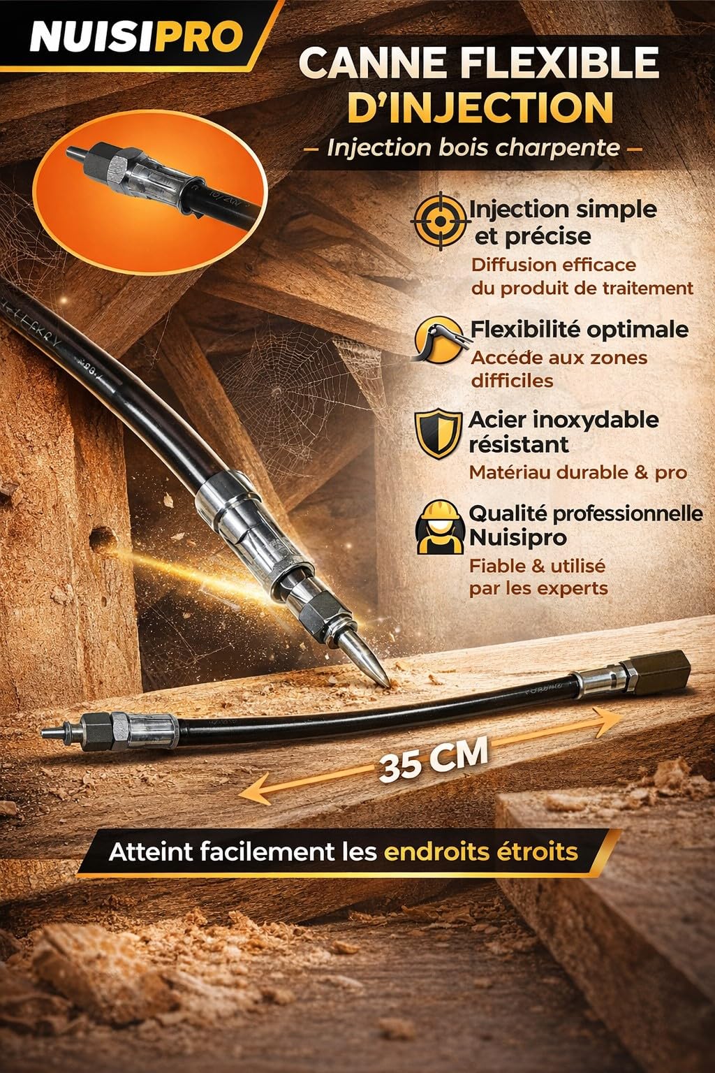 NUISIPRO - Canne Flexible d'Injection - Injection bois Charpente - Simple & Précision
