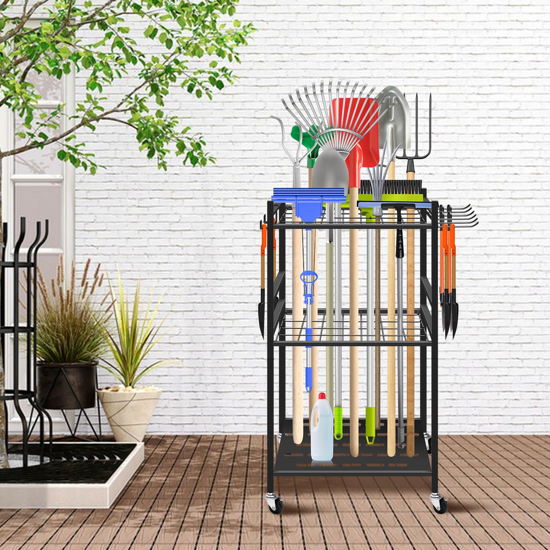 Mimoke Scaffale da giardino per attrezzi con ganci mobili e ruote con bloccaggio – Facile ordinamento degli accessori da giardino, garage grazie alle ruote girevoli a 360°