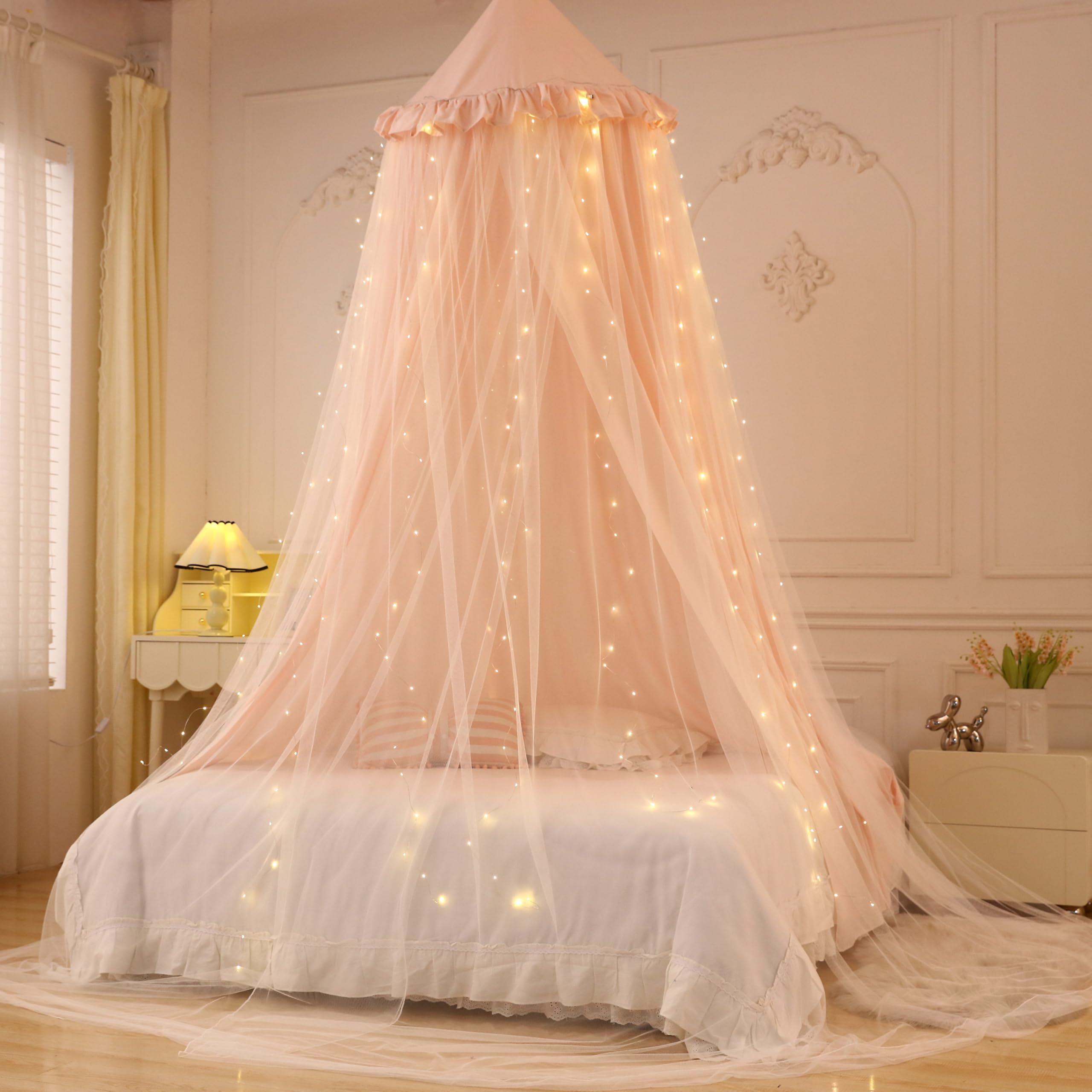Baldacchino per letto da principessa per bambine, baldacchino a doppio strato con 250 luci per tende bianche calde, adatto per letto singolo/matrimoniale - Tenda per letto fatato per