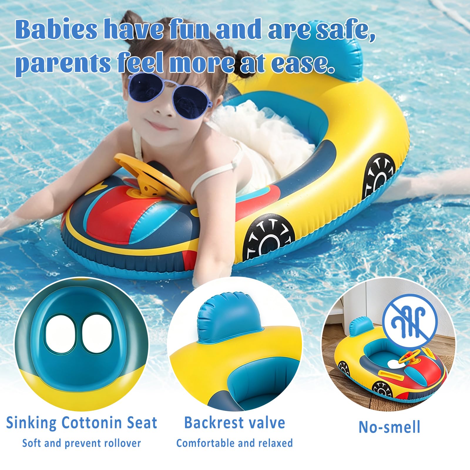 XIMEI Salvagente Neonato Bambini con Parasole, Ciambella Neonato, Salvagente Gonfiabile per Bambini, Gonfiabili con Sedile, Piscinetta Gonfiabile Bambini Volante con Clacson 12 a 48 Mesi (A)