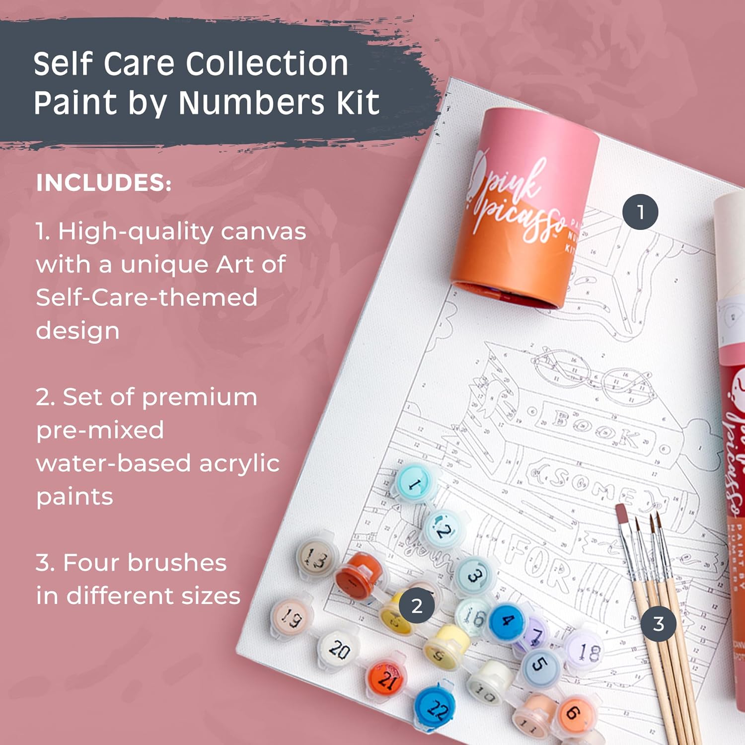 Pink Picasso Kits Self Care Collection Paint by Number for Teens, Tweens, Adults & Beginners | DIY Unique 8x10 Canvas Painting Kit | Color by Numbers Art Paint Canvas | Book Some Time for Yourself