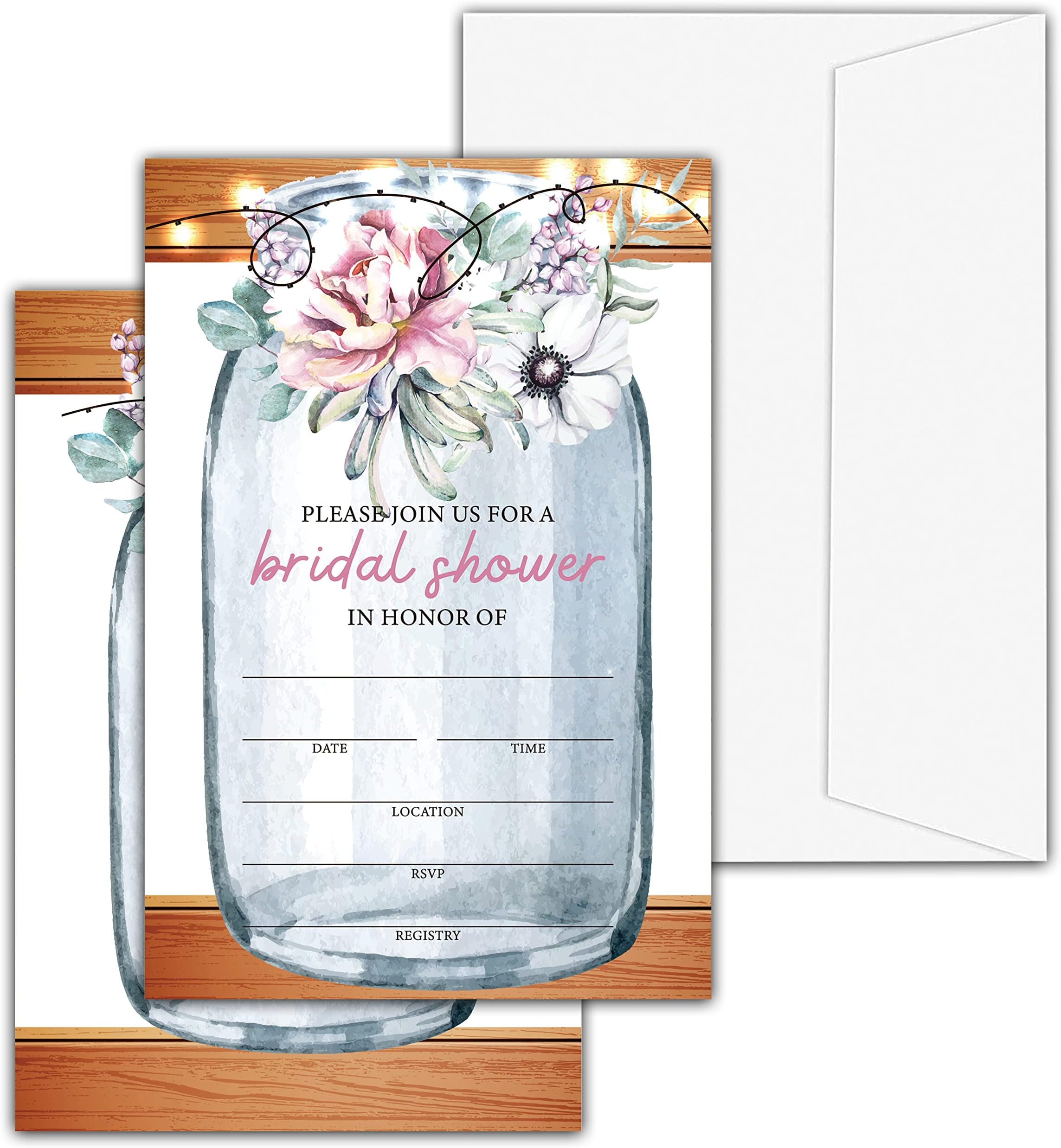 Levitatinyear Rustic Mason Jar Bridal Shower Invitations with Envelopes, 25 Pcs Boho Floral Blank Fill-in Invites for Wedding Reception, Engagement Party, Bachelorette Party(17)
