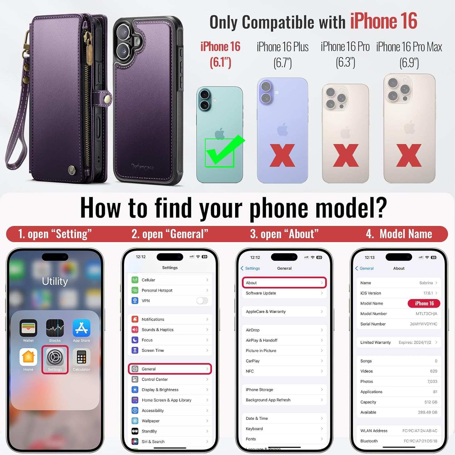 Defencase for iPhone 16 Magnetic Wallet Case Compatible with Magsafe with RFID Blocking Zipper Pocket & Card Holder for Women Men PU Leather Strap Detachable Case for iPhone 16 (6.1 inch), Purple - Image 7