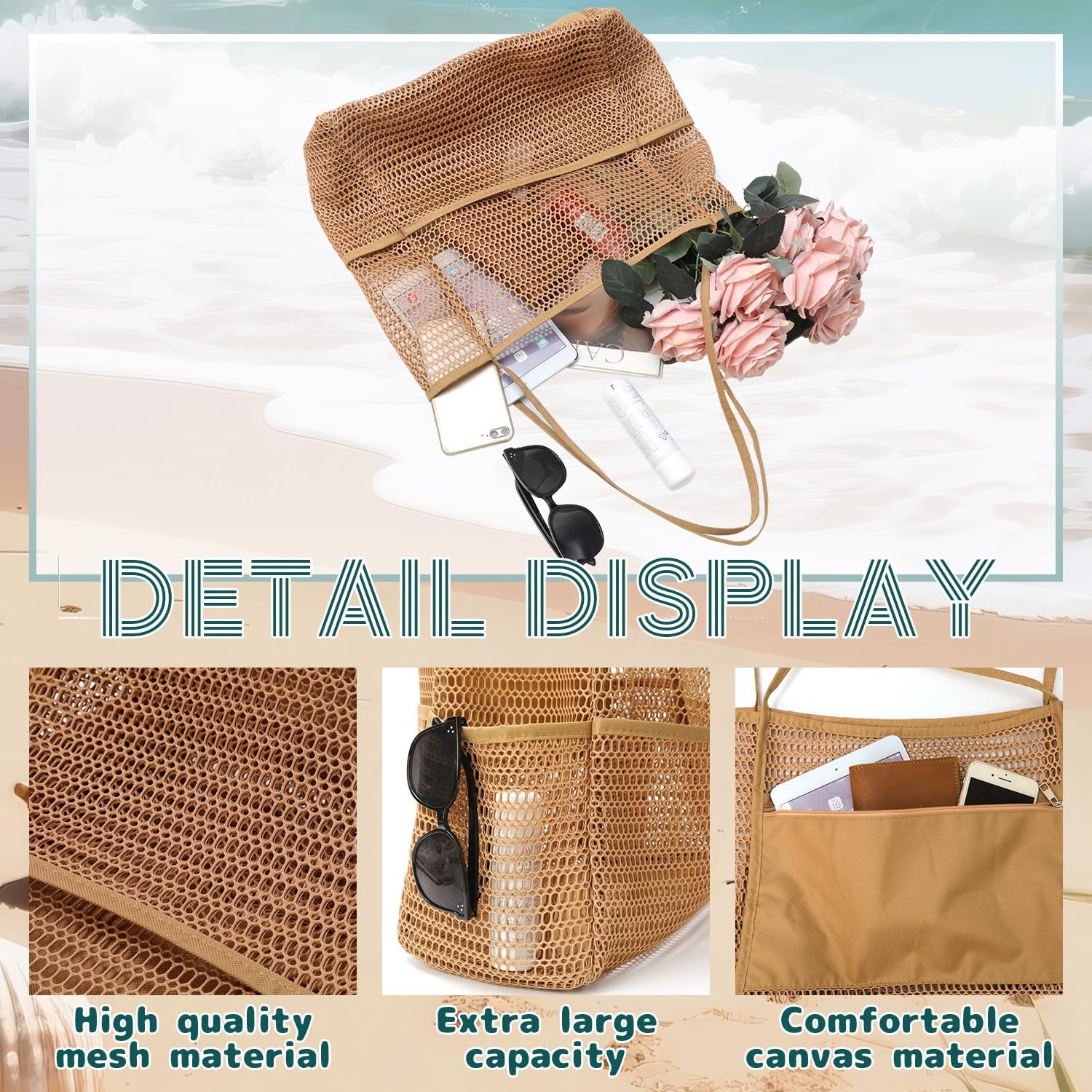 Beach Mesh Tote Bag, Nylon Casual Tote Bag Hobo Women Men Foldable Shoulder Bag for Travel Pool Family Summer Beach image 5